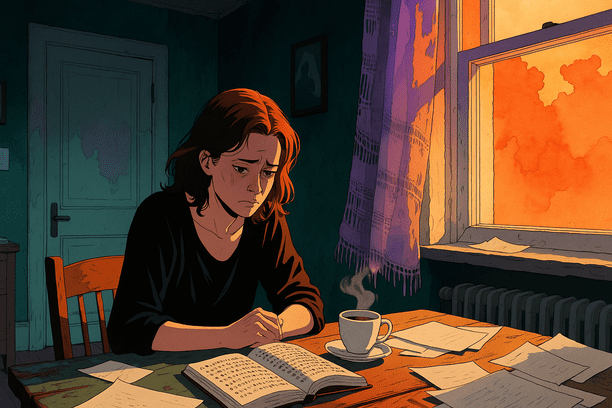 femme pensive lisant à une table avec un café