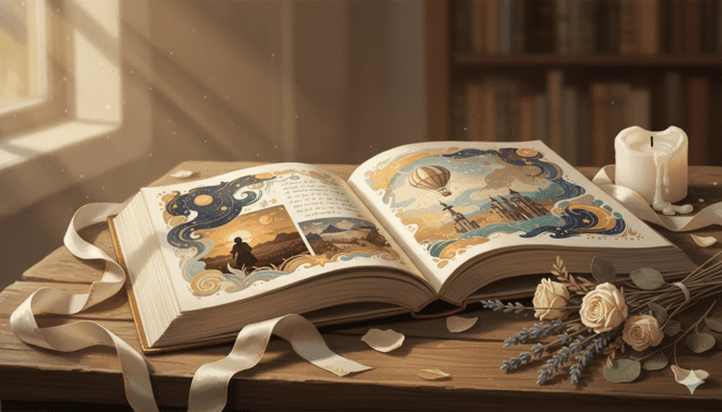 livre ouvert illustré avec paysage et montgolfière