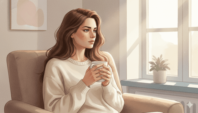 femme pensive tenant une tasse près de la fenêtre