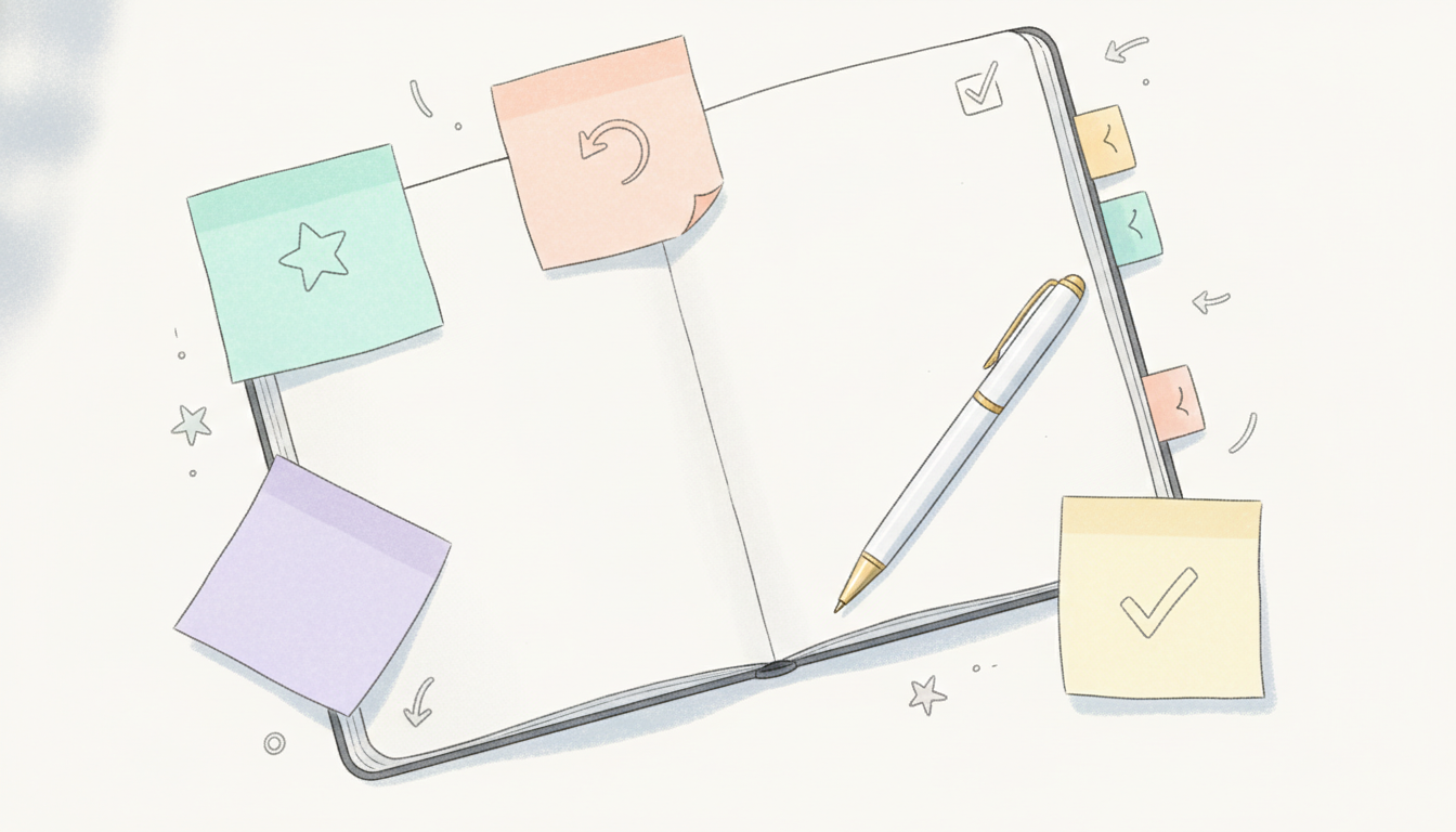 planner ouvert avec post-it pastel et icônes de tâches