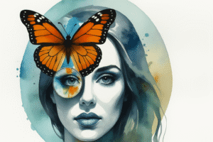 femme artistique avec un papillon orange sur le visage