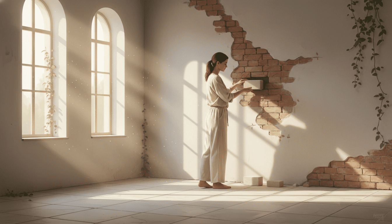 femme posant une brique claire dans une pièce lumineuse