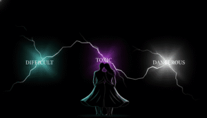 couple entouré de mots difficult toxic dangerous avec éclairs