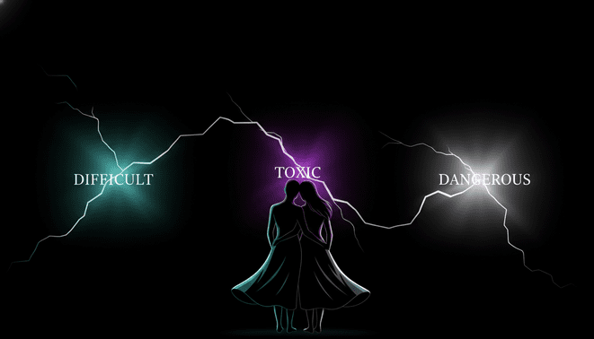 couple entouré de mots difficult toxic dangerous avec éclairs