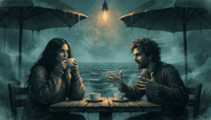 Femme pensive et homme expressif à une table de café sombre