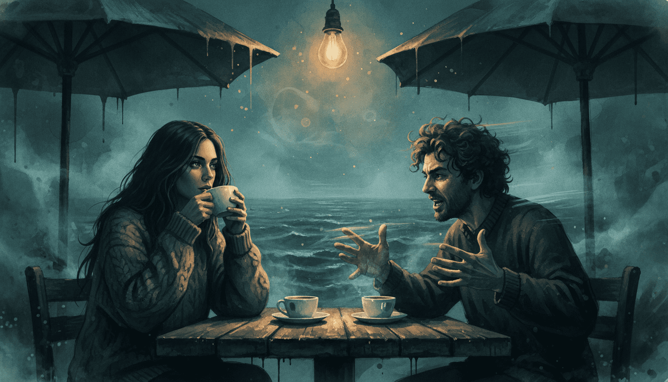 Femme pensive et homme expressif à une table de café sombre