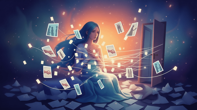 Femme mélancolique entourée de souvenirs flottants