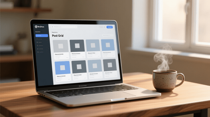 ordinateur portable affichant WordPress avec une tasse de café