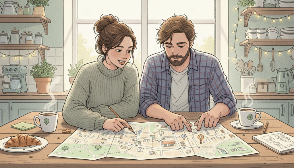 Un moment complice autour d'une carte pour prévoir une escapade