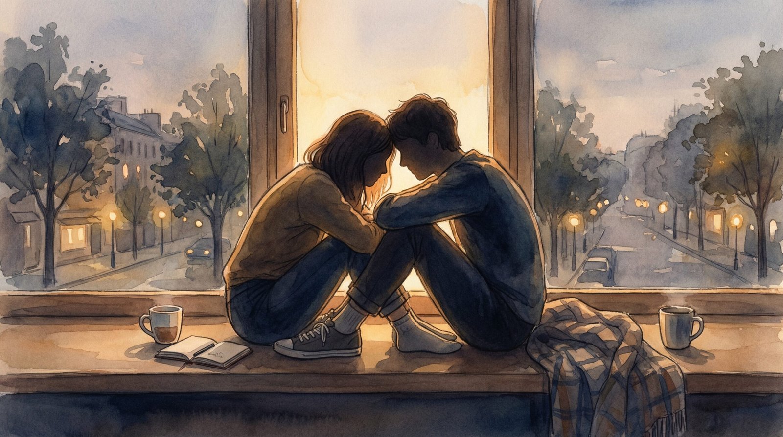 couple assis enlacé dans un rebord de fenêtre au coucher du soleil