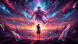 Une silhouette face à une entité lumineuse et spirituelle.