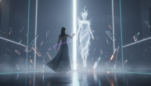 Une femme face à une entité spirituelle futuriste.