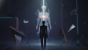 Silhouette humaine entourée d'éléments géométriques lumineux.