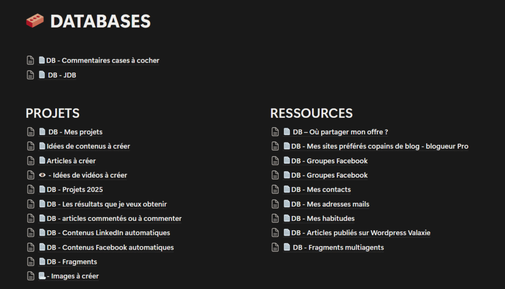 Vue d'une page de databases dans Notion