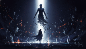 Silhouette énigmatique au milieu de cristaux brillants.