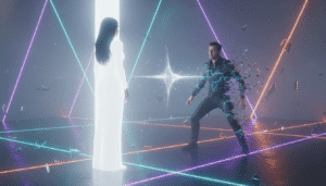 Deux personnages en interaction dans un décor futuriste vibrant.