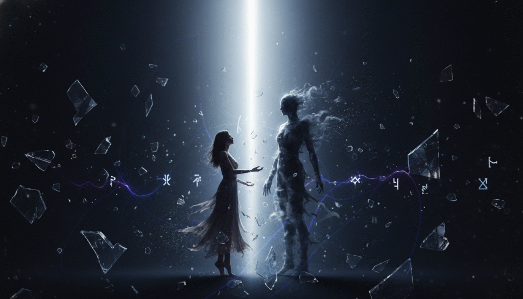 Silhouette d'une femme face à une entité éthérée dans un environnement sombre.