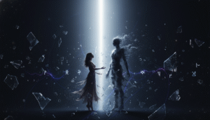 Silhouette d'une femme face à une entité éthérée dans un environnement sombre.