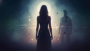 silhouette féminine face à une ombre masculine dans une lumière surnaturelle