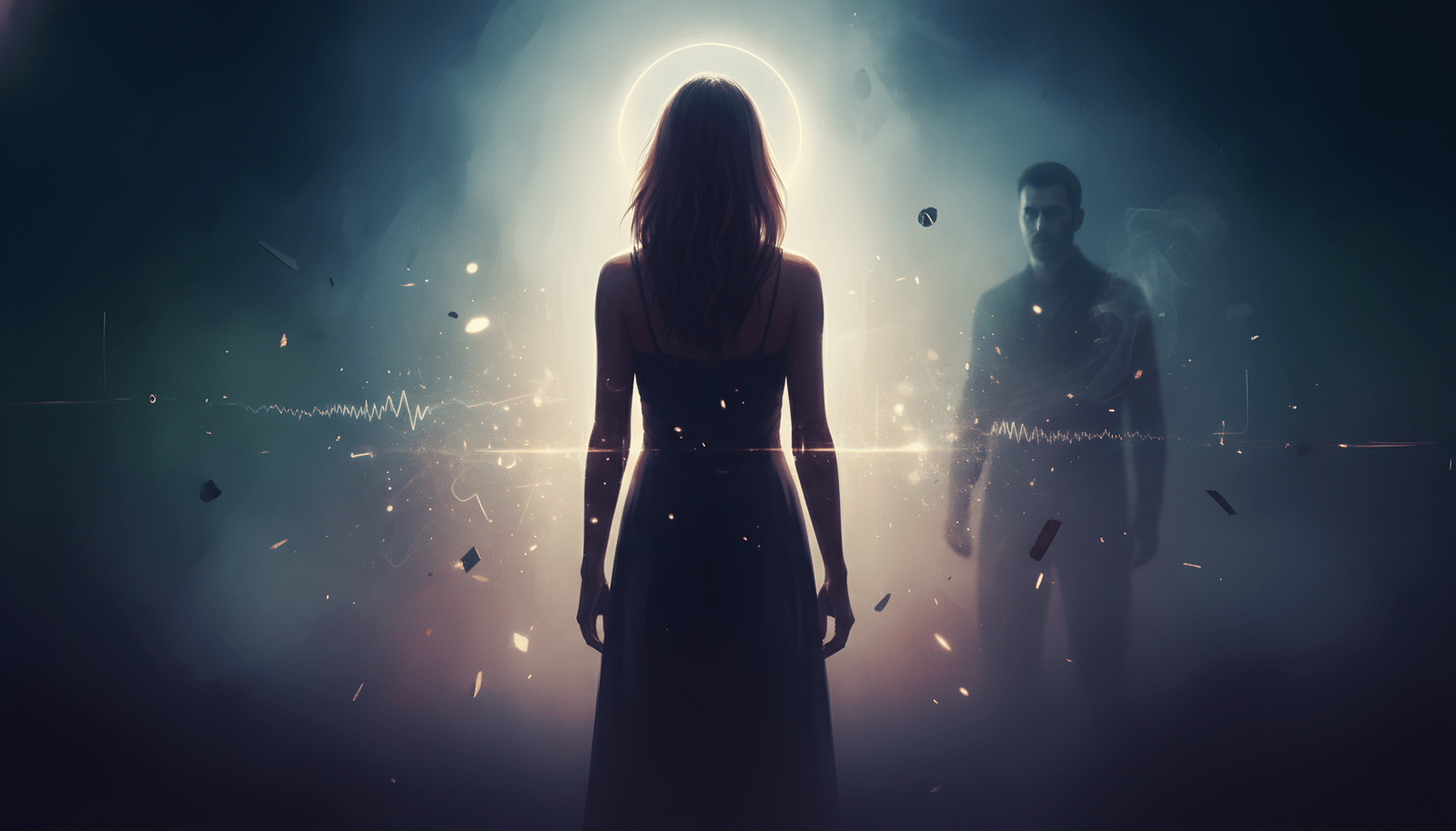 silhouette féminine face à une ombre masculine dans une lumière surnaturelle