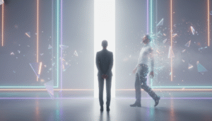 Un homme se tenant devant une lumière éclatante et des effets de bris.