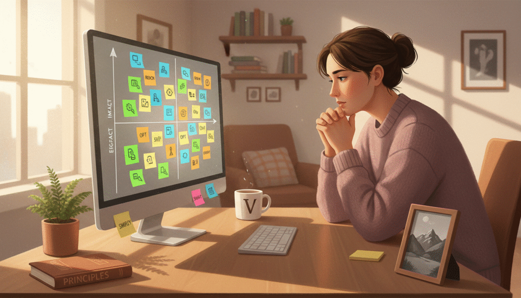 personne analysant une matrice impact-effort sur un bureau