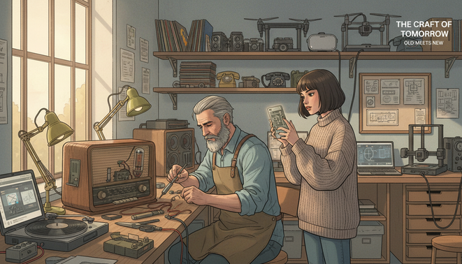 artisant réparant une radio vintage, femme avec smartphone