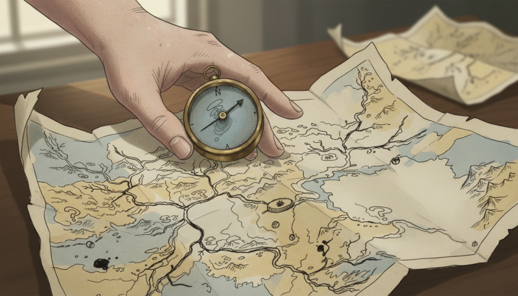 main froissée tenant une boussole sur carte ancienne