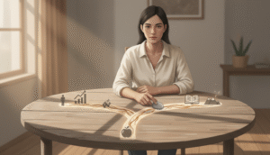 personne assise réfléchissant devant deux chemins avec icônes