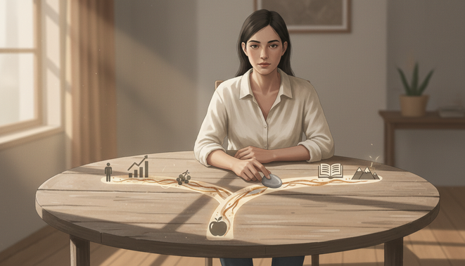 personne assise réfléchissant devant deux chemins avec icônes