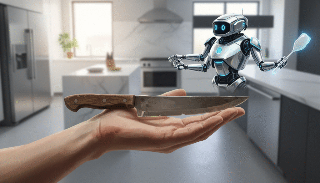 main tenant un vieux couteau en bois et un robot cuiseur futuriste