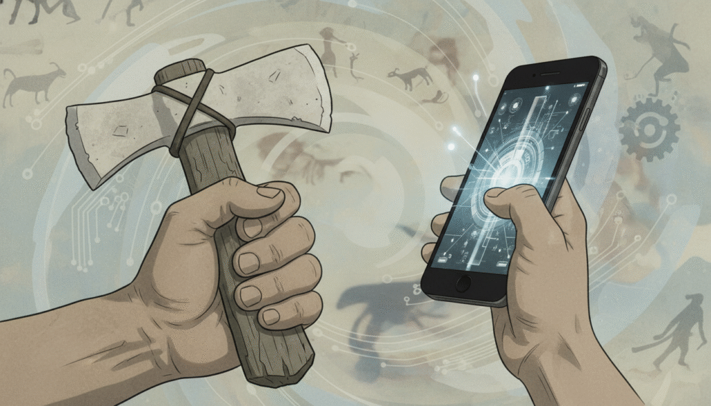 main tenant un outil de pierre et un smartphone