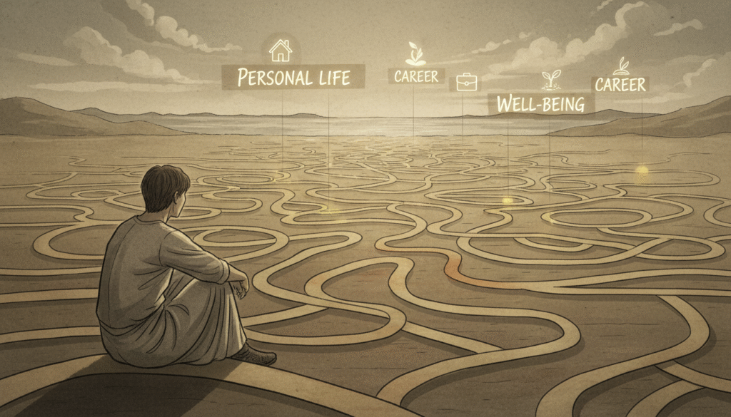 Personne pensive entourée de chemins symboliques entrelacés