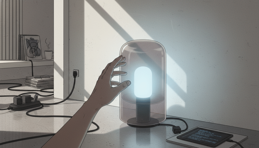 main tendue vers une lampe connectée minimaliste