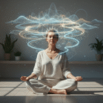 femme en méditation assise au sol dans une pièce lumineuse