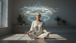 femme en méditation assise au sol dans une pièce lumineuse