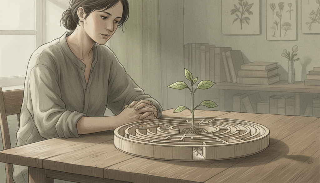 personne observant une plante poussant dans un labyrinthe