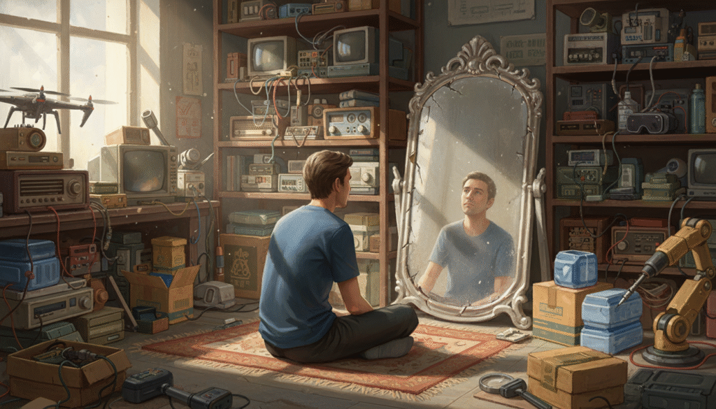 personne pensant face à un miroir dans une pièce encombrée