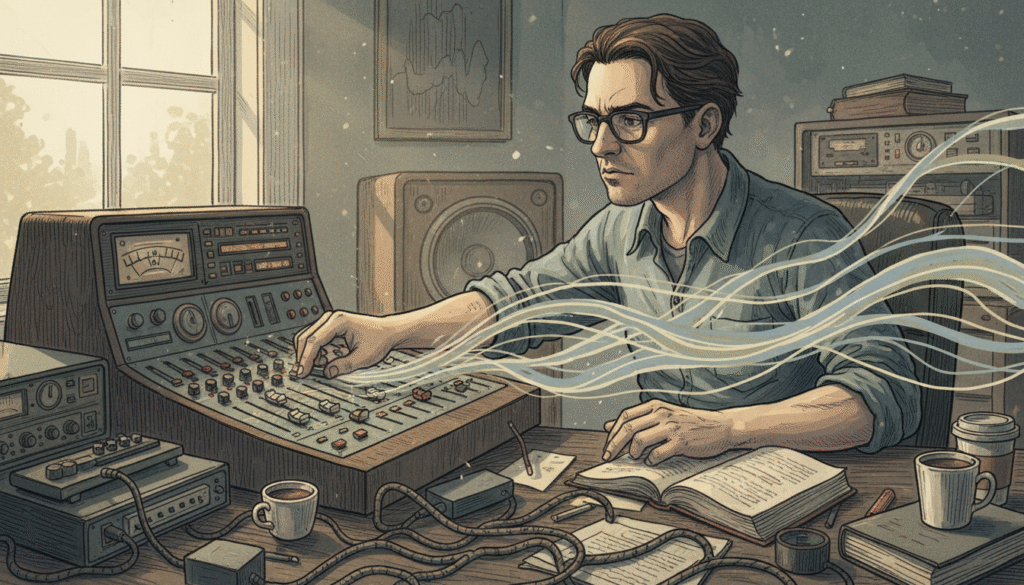 personne concentrée réglant le volume sur une console audio vintage