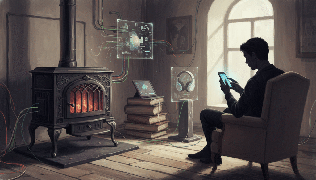 silhouette absorbée par un smartphone dans un salon mêlant ancien et moderne