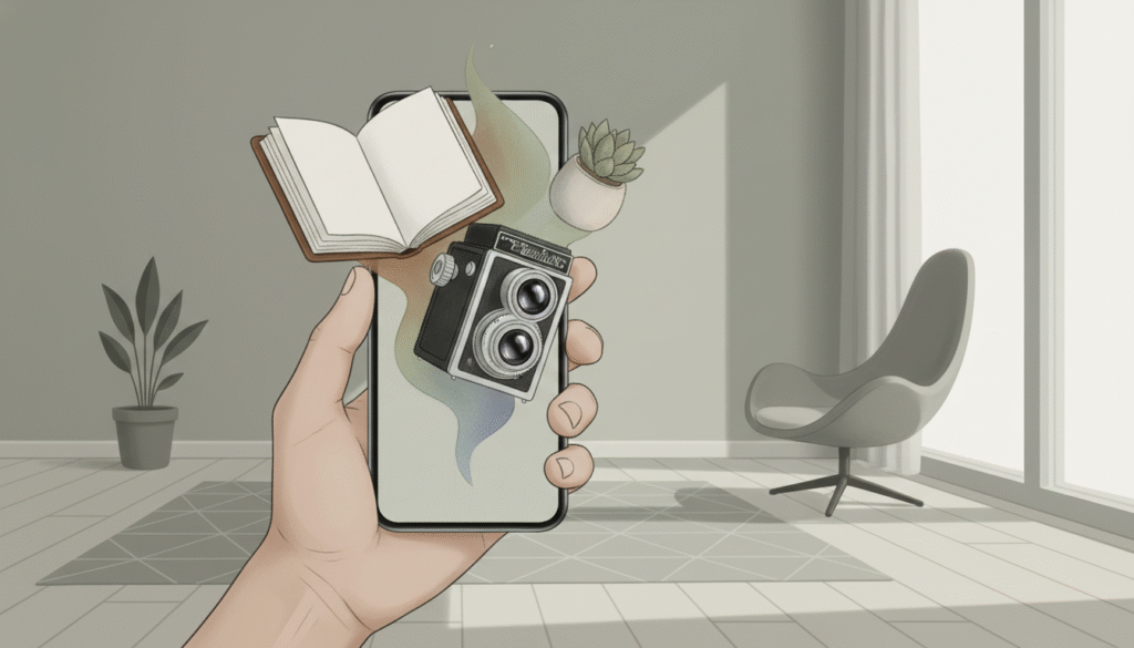 main tenant un smartphone se transformant en livre, plante et appareil photo