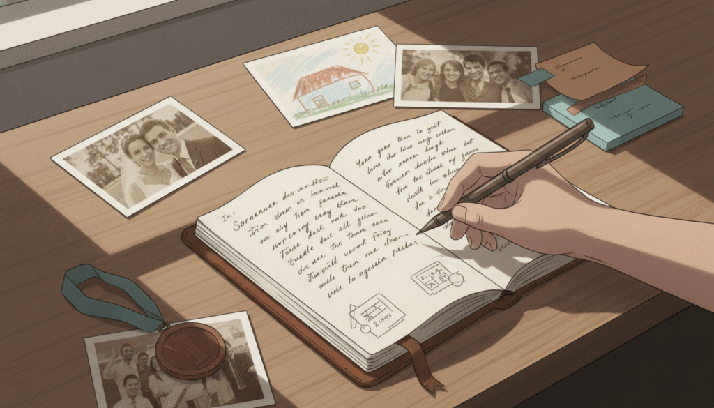 Main tenant un stylo au-dessus d'un carnet ouvert entouré de photos, médaille et post-it sur bureau en bois