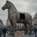 cheval de Troie en bois avec pancarte Droits des pères