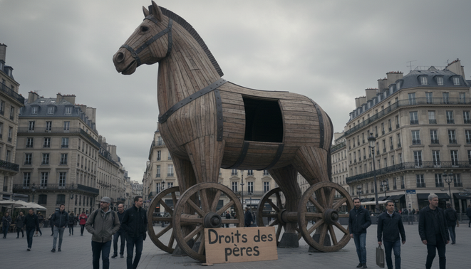 cheval de Troie en bois avec pancarte Droits des pères