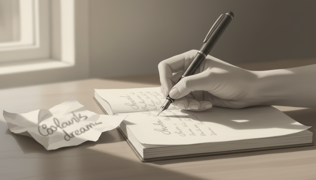 main écrivant dans un carnet près d’un papier froissé