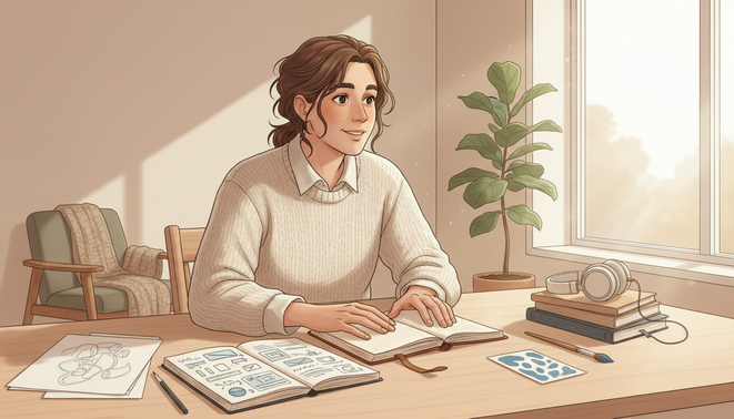 Un adulte souriant dans un espace lumineux, engagé dans l'écriture.