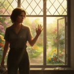 personne regardant pensivement un jardin ensoleillé