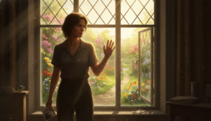 personne regardant pensivement un jardin ensoleillé