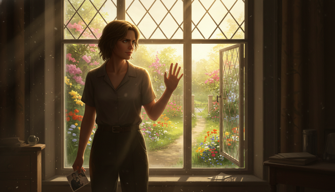 personne regardant pensivement un jardin ensoleillé