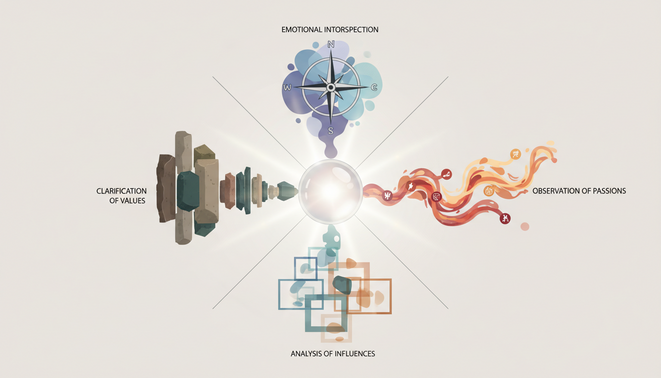 Composition vue de dessus avec un noyau lumineux central et quatre chemins symboliques en croix représentant introspection, passions, influences et valeurs